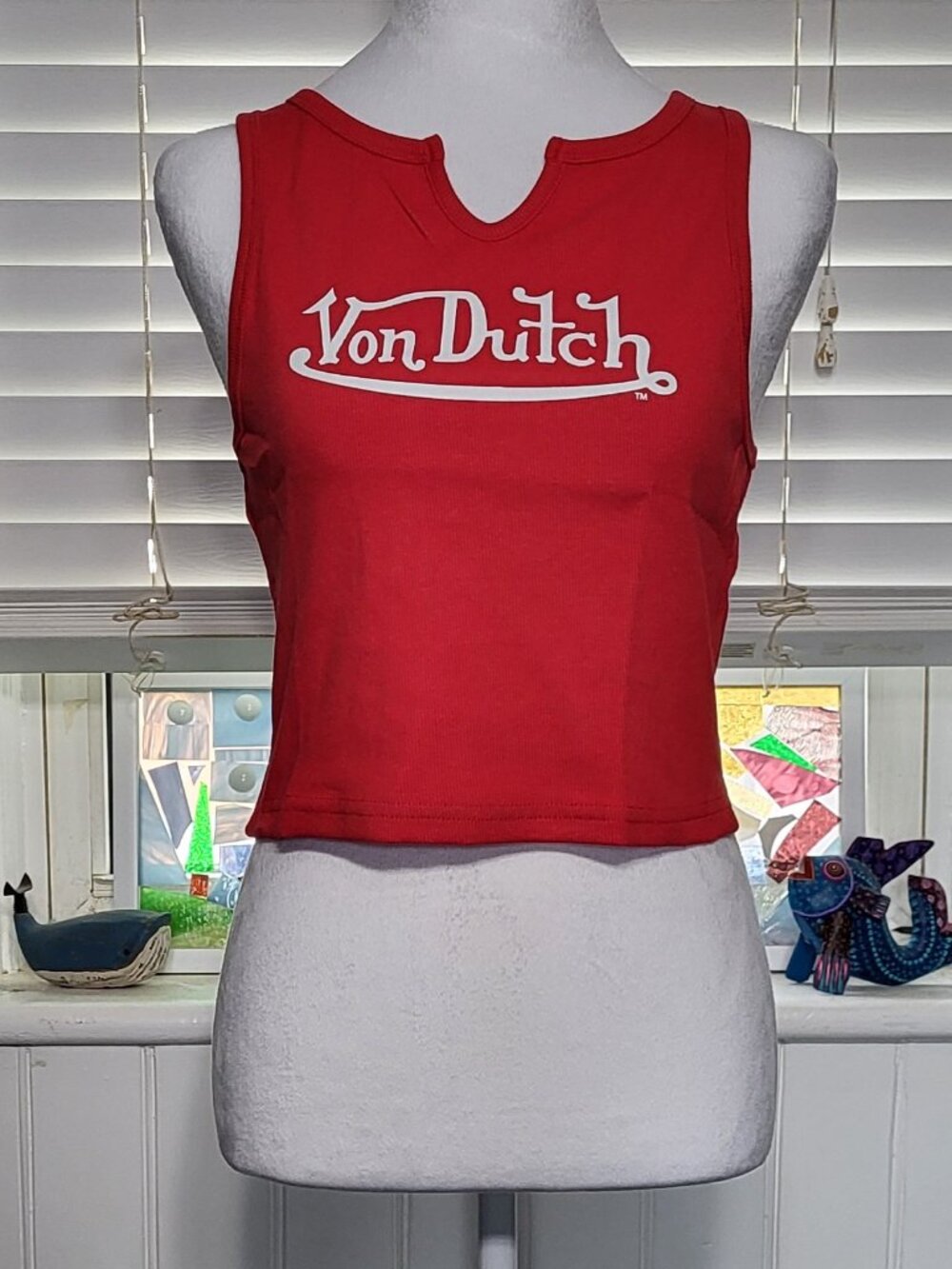 Von Dutch Red Ribbed Notch Neck Crop Tank Top